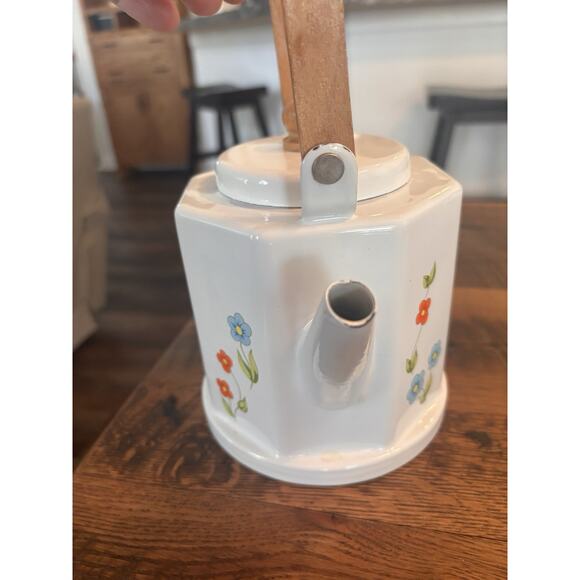 Vintage Tea Kettle Kamenstein White Enamel Bohemian Floral Tea Pot Japan Retro - Picture 9 of 11